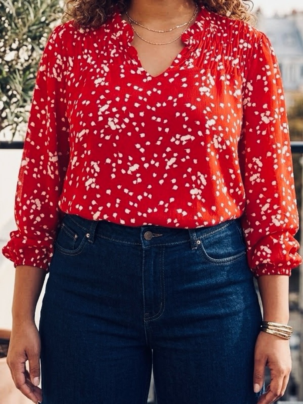 Dokotoo Blouse Red White Abstract Floral V-Neck smocked ruffle collar blouson XL